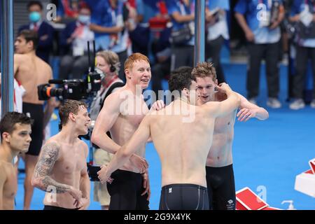 Tokyo, Japan. 28th July, 2021. DEAN Tom, GUY James, RICHARDS Matthew (GBR), win final representing Great Britain Swimming : Men's 4 x 200m Freestyle Relay Final during the Tokyo 2020 Olympic Games at the Tokyo Aquatics Centre in Tokyo, Japan . Credit: Akihiro Sugimoto/AFLO SPORT/Alamy Live News Stock Photo