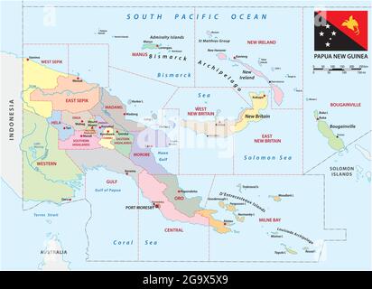 administrative vector map of the provinces of papua new guinea with flag Stock Vector