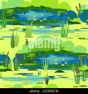 Landscape with a reservoir. Seamless pattern. Plants grass reeds and cattails. Small swamp pond lake or puddle. Miltic design flat style. Illustration Stock Vector