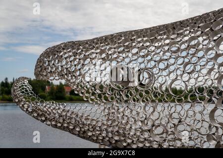 Tornio, Finland - 24 July, 2021:close up view of the famous salmon sculpture in the city center of Tornio Stock Photo
