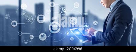 Man clicks on the Update icon. Upgrading concept. Stock Photo