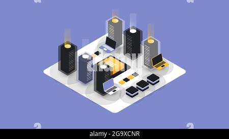 Isometric Blockchain and Cryptocurrency Colorful Composition on Violet Background. Vector illustration Stock Vector