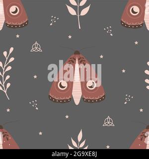Seamless pattern with boho moth. Insect with celestial elements. Witch and magic symbol for textile, fabric, prints. Abstract hand drawn vector Stock Vector