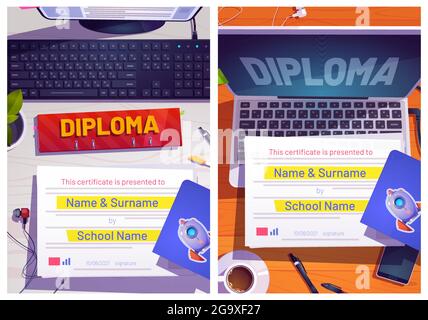 School diploma design with computer desk top view Stock Vector