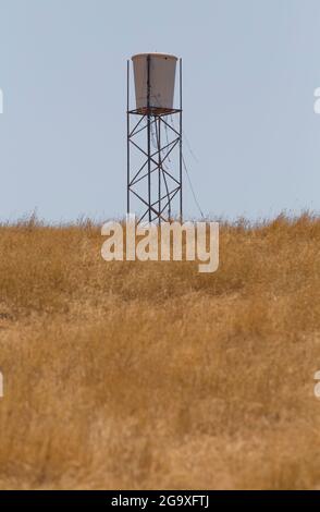 Water tank in the middle of dry pastures. Lack of water resources for cattle concept Stock Photo