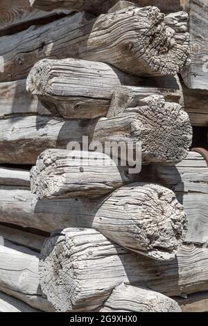 connection of the wooden logs in an old barn Stock Photo