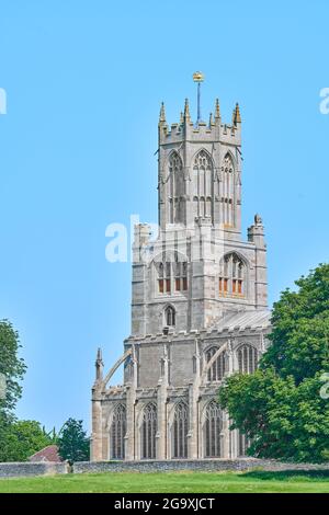The octagonal tower of St Mary and All Saints 15th century christian church at the village of Fotheringhay, England. Stock Photo