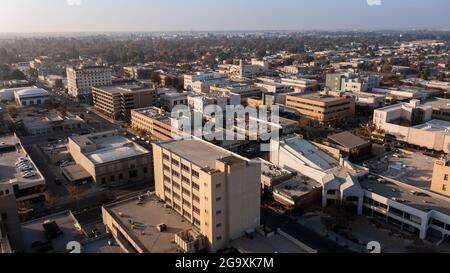 Bakersfield, California, USA - December 01, 2020:  Sunset aerial view of downtown Bakersfield. Stock Photo