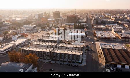 Bakersfield, California, USA - December 01, 2020:  Sunset aerial view of downtown Bakersfield. Stock Photo