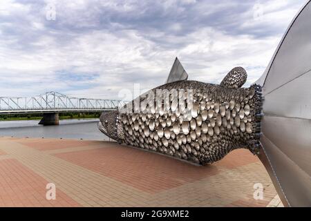 Tornio, Finland - 24 July, 2021: view of the anniversary celebration sculpture of a large metal salmon in the city center of Tornio Stock Photo