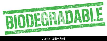 BIODEGRADABLE text on green grungy rectangle stamp sign. Stock Photo