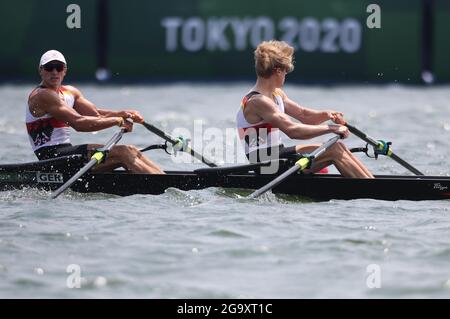 Tokyo, Japan. 28th July, 2021. Rowing: Olympics, Lgw. double sculls, men, Sea Forest Waterway semifinals. Jonathan Rommelmann and Jason Osborne of Germany. Credit: Jan Woitas/dpa-Zentralbild/dpa/Alamy Live News Stock Photo