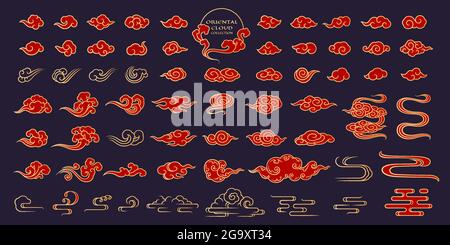 Chinese cloud element vector illustration big collection sharpen brush fill outline art style Stock Vector