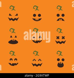 Set of Halloween pumpkin faces on orange background. Funny cartoon emoticons Stock Vector