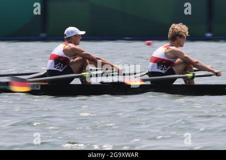 Tokyo, Japan. 28th July, 2021. Rowing: Olympics, Lgw. double sculls, men, Sea Forest Waterway semifinals. Jonathan Rommelmann and Jason Osborne of Germany. Credit: Jan Woitas/dpa-Zentralbild/dpa/Alamy Live News Stock Photo