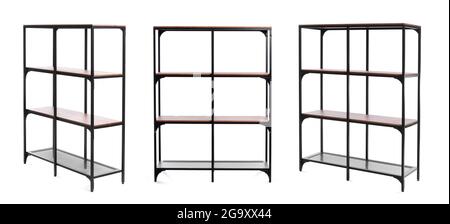 Empty shelving unit on white background Stock Photo