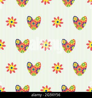 Colorful love heart vector seamless pattern in boho style. Bright floral hearts and flowers on striped green backdrop. Folk art botanical geometric Stock Vector