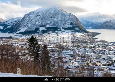 Volda village and its scenic nature during winter in Norway Stock Photo