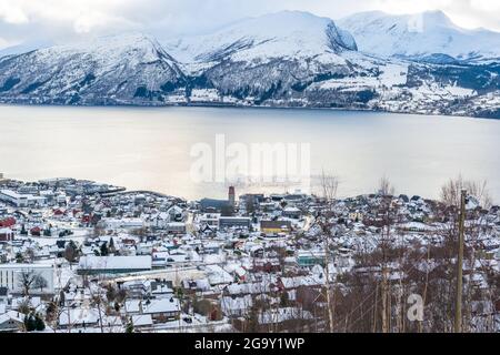 Volda village and its scenic nature during winter in Norway Stock Photo