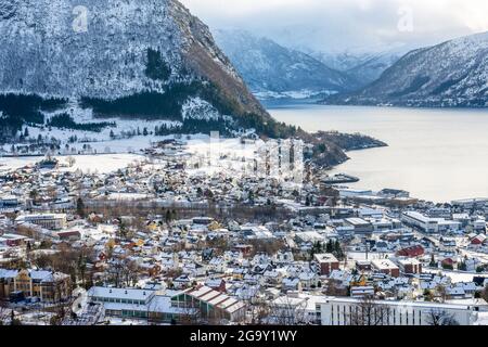 Volda village and its scenic nature during winter in Norway Stock Photo