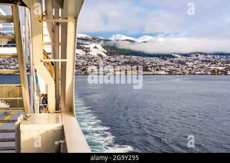 Village of Volda from a boat in Norway during winter Stock Photo