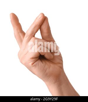 Man snapping fingers on white background Stock Photo