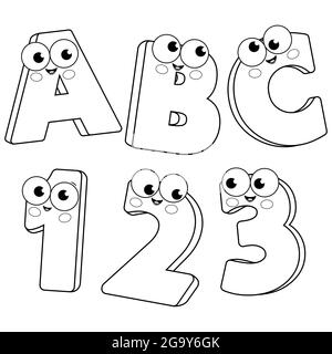 Cartoon letters and numbers. Black and white coloring page Stock Photo