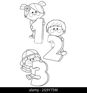 Children holding cartoon numbers. Black and white coloring page Stock Photo