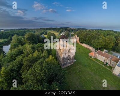 Aerial view of Etal Castle and village beside the River Till, north Northumberland, England, UK Stock Photo