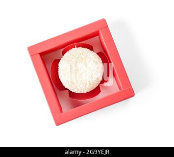 Box with tasty Japanese mochi on white background Stock Photo