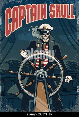 Skull sea captain at the helm of the ship Stock Vector