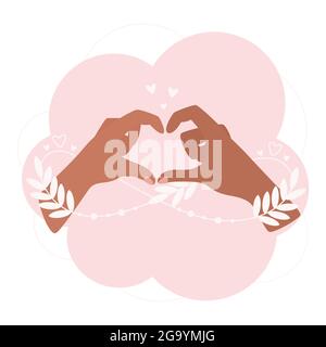 Two hands making a heart with fingers. An abstract infinity shape leafy sprout entwines their arms. In love concept illustration. Stock Vector