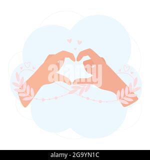 Two hands making a heart with fingers. An abstract infinity shape leafy sprout entwines their arms. In love concept illustration. Stock Vector