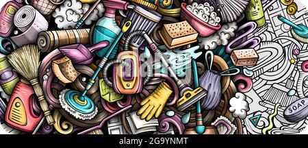 Cleaning hand drawn doodle banner. Cartoon vector detailed flyer. Stock Vector