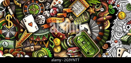 Casino hand drawn doodle banner. Cartoon vector detailed flyer. Stock Vector