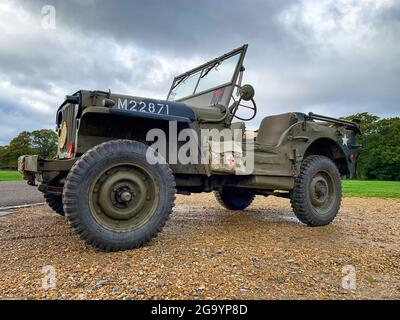 Southampton, UK - 3rd November 2019: Low level view of a British military World War 2 Jeep with Red Cross medical bag and Army camouflage finish. Sout Stock Photo