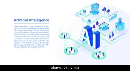 Concept of AI artificial intelligence. 3d isometric vector illustration in wide web banner layout. Stock Vector