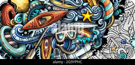 Water sports hand drawn doodle banner. Cartoon vector detailed flyer. Stock Vector