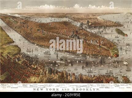 Click On Vintage Birds eye view map of New York and Brooklyn (1875) Stock Photo
