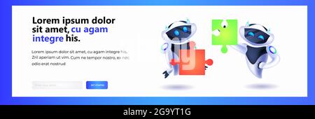 cute robots putting puzzle parts together modern robotic characters team solving problems artificial intelligence Stock Vector