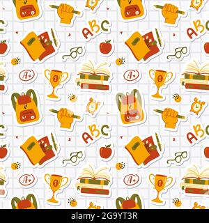 Back to School. Seamless pattern with school-themed stickers - books, backpacks, notebooks, apples, glasses, etc. Stylish vector background. Stock Vector