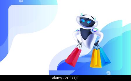 modern robot holding shopping bags special offer shopping sale artificial intelligence concept Stock Vector