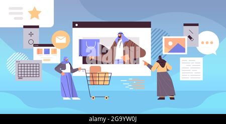 Arabic People Using Online Shopping Application Arab Men Women Buying And Ordering Products Horizontal Full Length Vector Illustration Stock Vector Image Art Alamy