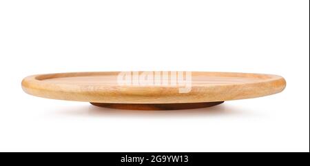 Empty wooden plate or round wooden board isolated on white background. Stock Photo