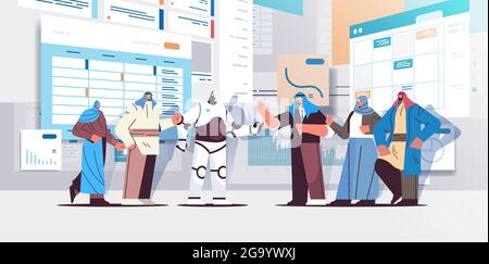 robot with arab businesspeople analyzing statistics graphs and charts financial data analyzing artificial intelligence Stock Vector