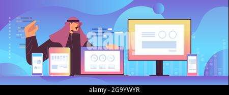 arab businessman analyzing financial statistics charts and graphs on digital gadgets data analysis Stock Vector