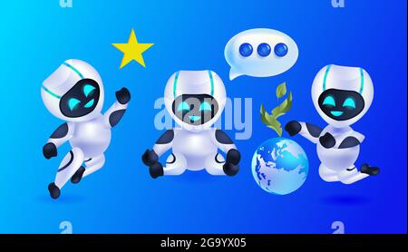 cute robots discussing during meeting modern robotic characters team artificial intelligence technology concept Stock Vector