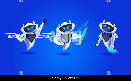 cute robots discussing during meeting modern robotic characters team artificial intelligence technology concept Stock Vector