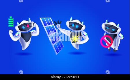 cute robots with solar panel modern robotic characters team artificial intelligence technology concept Stock Vector