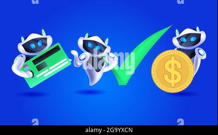 cute robots with credit card and dollar coin modern robotic characters team artificial intelligence technology concept Stock Vector
